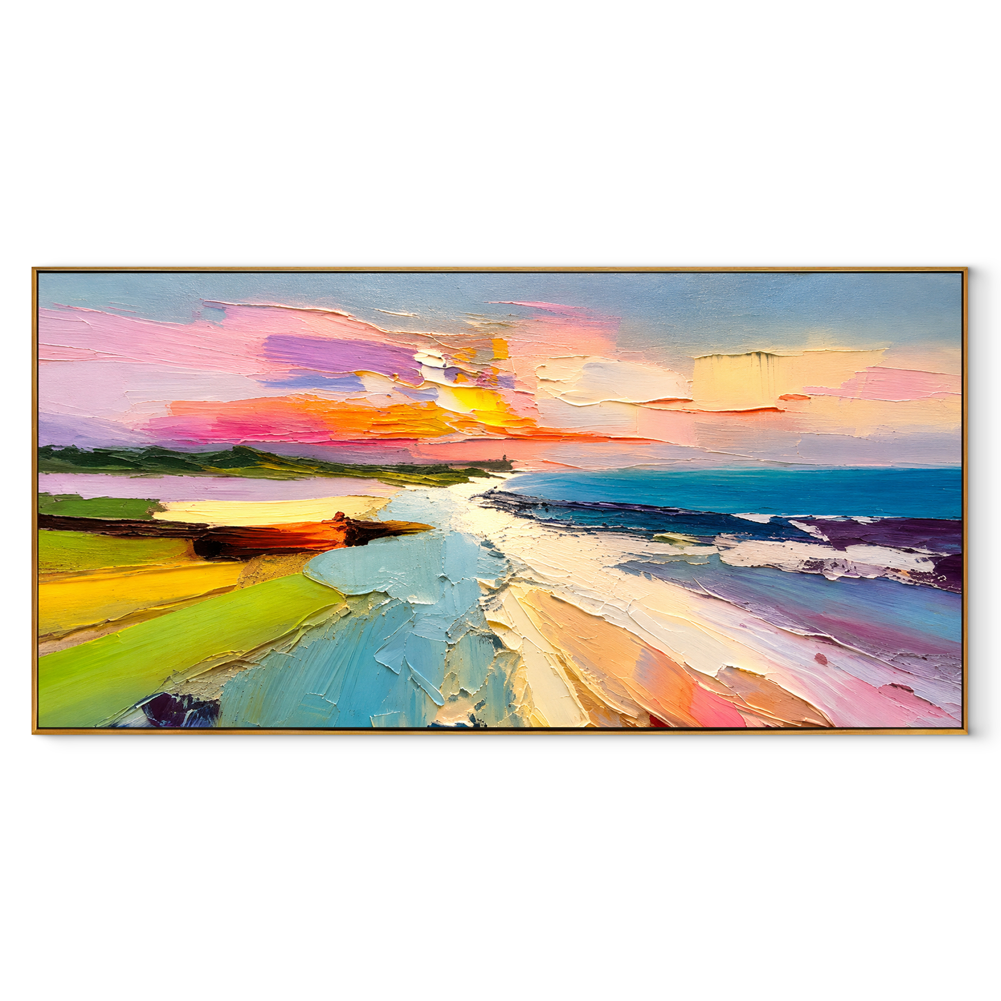 Sunset Shore Bloom coastal painting in a wood floating frame on white background