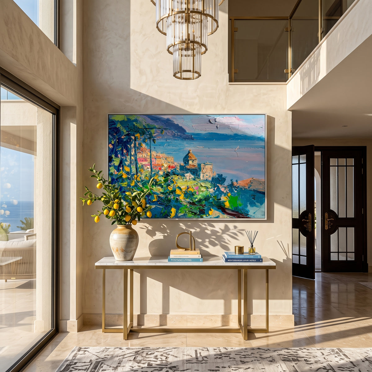 Textured coastal village artwork displayed above a marble dining table with blue chairs