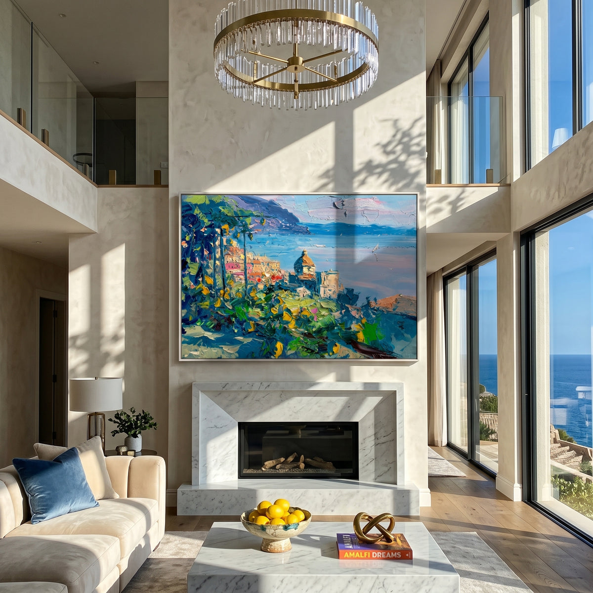 Coastal village painting in a wood-framed canvas hung above a console table in an entryway