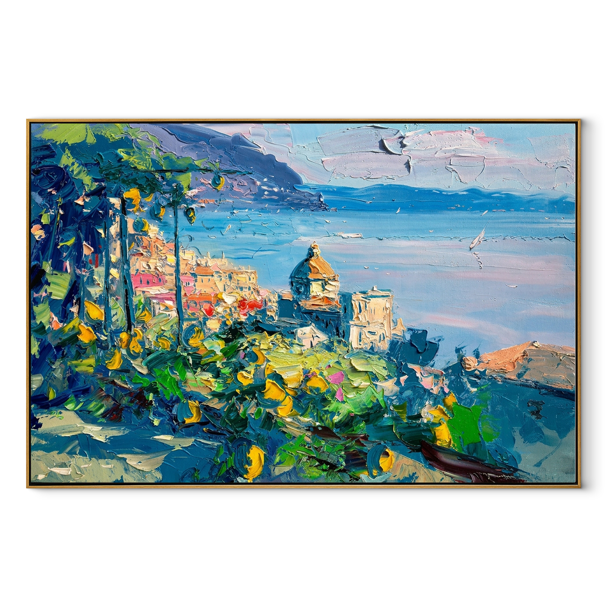 Lemon Grove Coastline painting in a wood frame on a white background