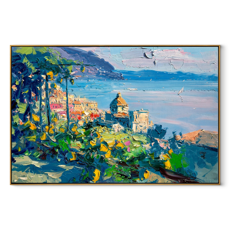 Lemon Grove Coastline – Blue & Gold Coastal Village Painting | Coastal Mediterranean Living Room Wall Art