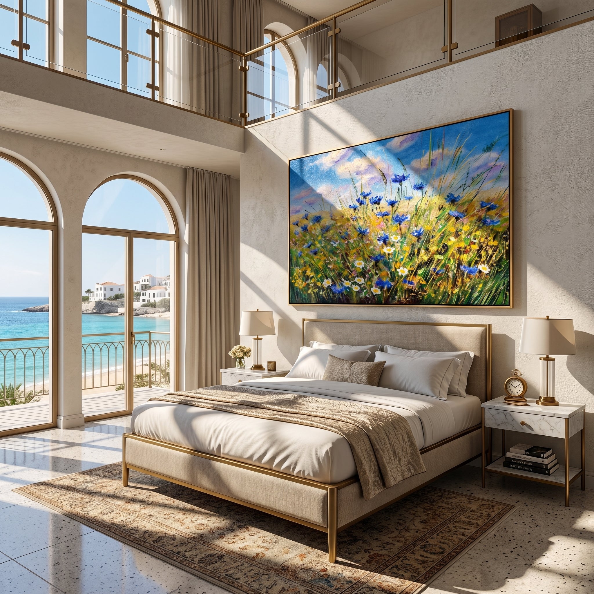 Cornflower Coastal Fields – blue and green wildflower meadow painting, horizontal hand-painted canvas art