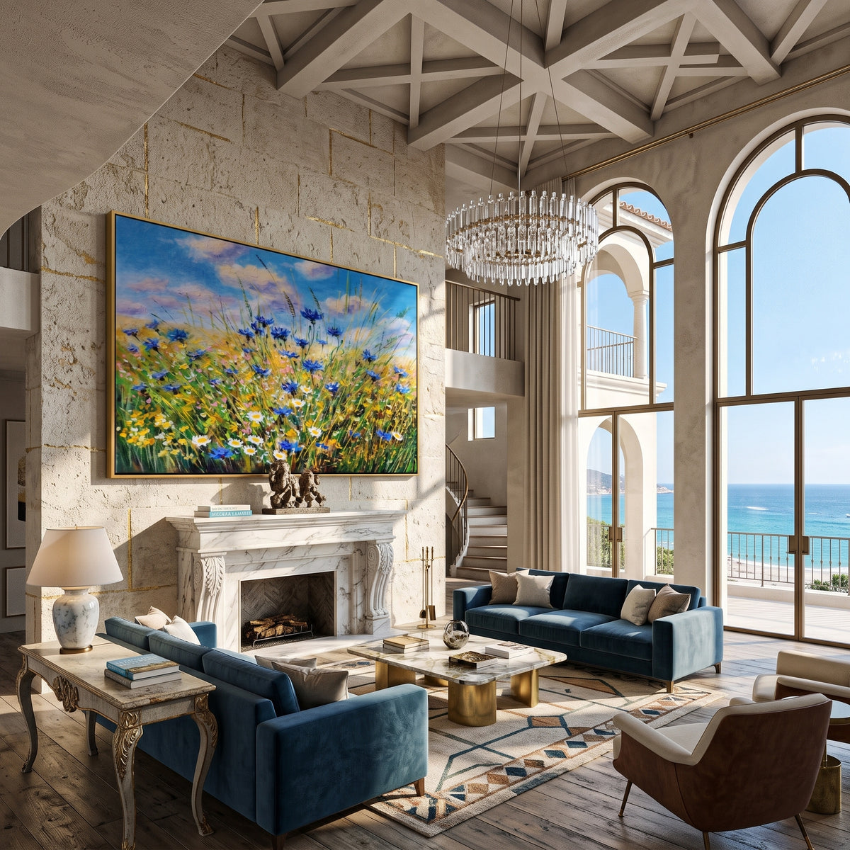 Textured blue and green meadow artwork hung above a console table in an entryway