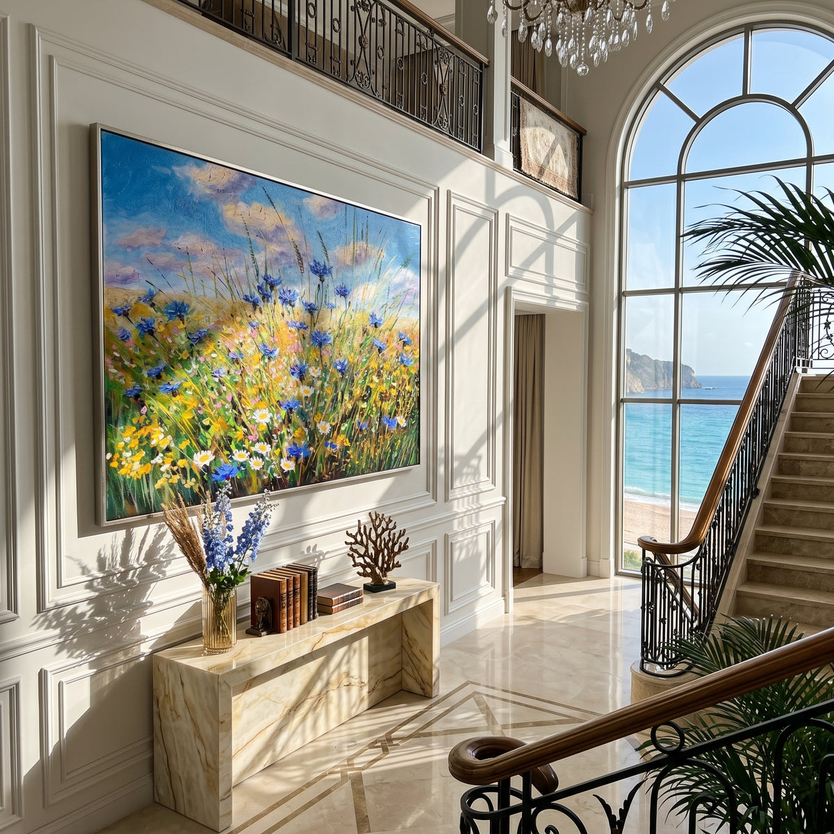 Cornflower field painting above a living room sofa with neutral cushions