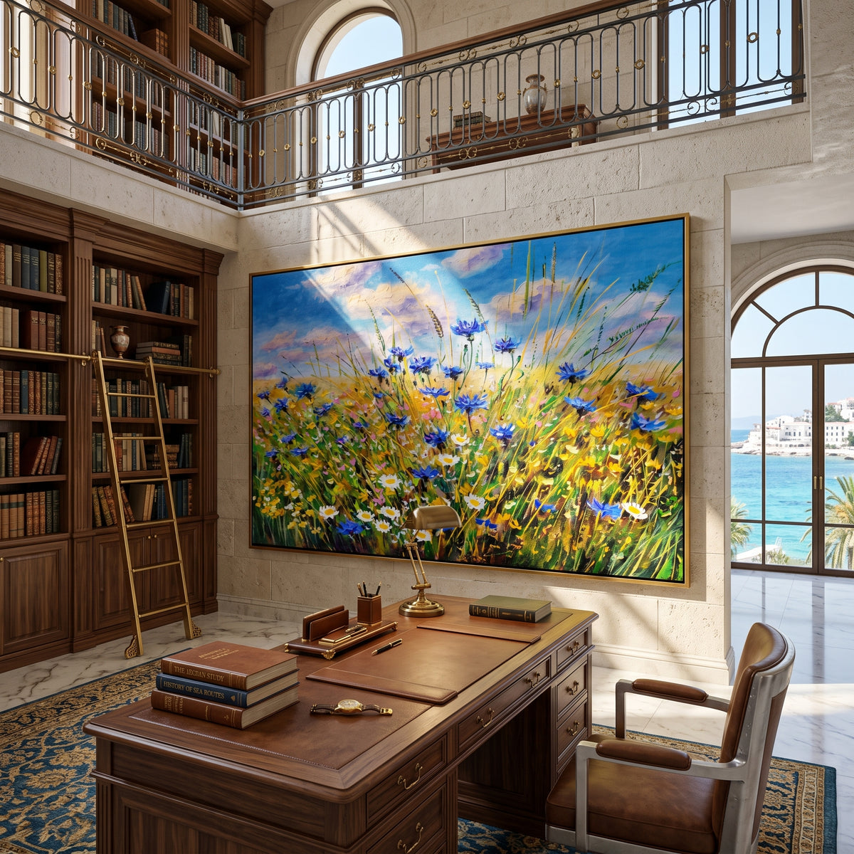Coastal meadow canvas hung in a sunlit living room beside large windows