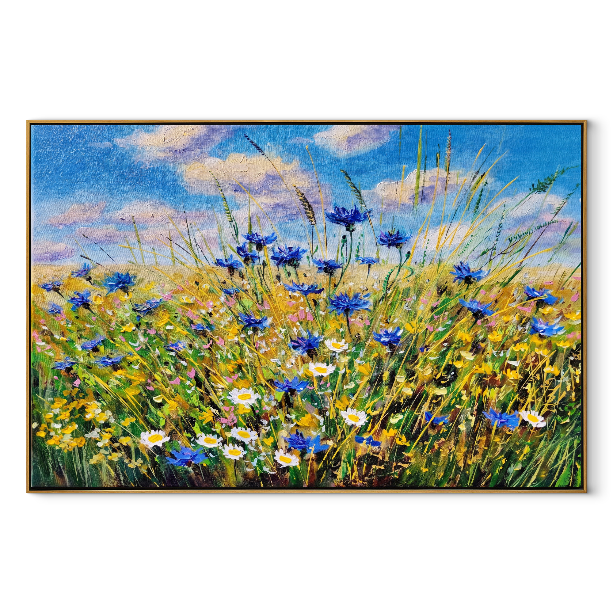 Cornflower Coastal Fields painting in a wood frame on a white background
