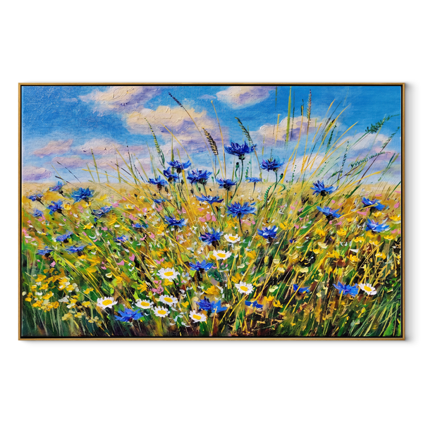 Cornflower Coastal Fields – Blue & Green Wildflower Meadow Painting | Coastal Farmhouse Living Room Wall Art