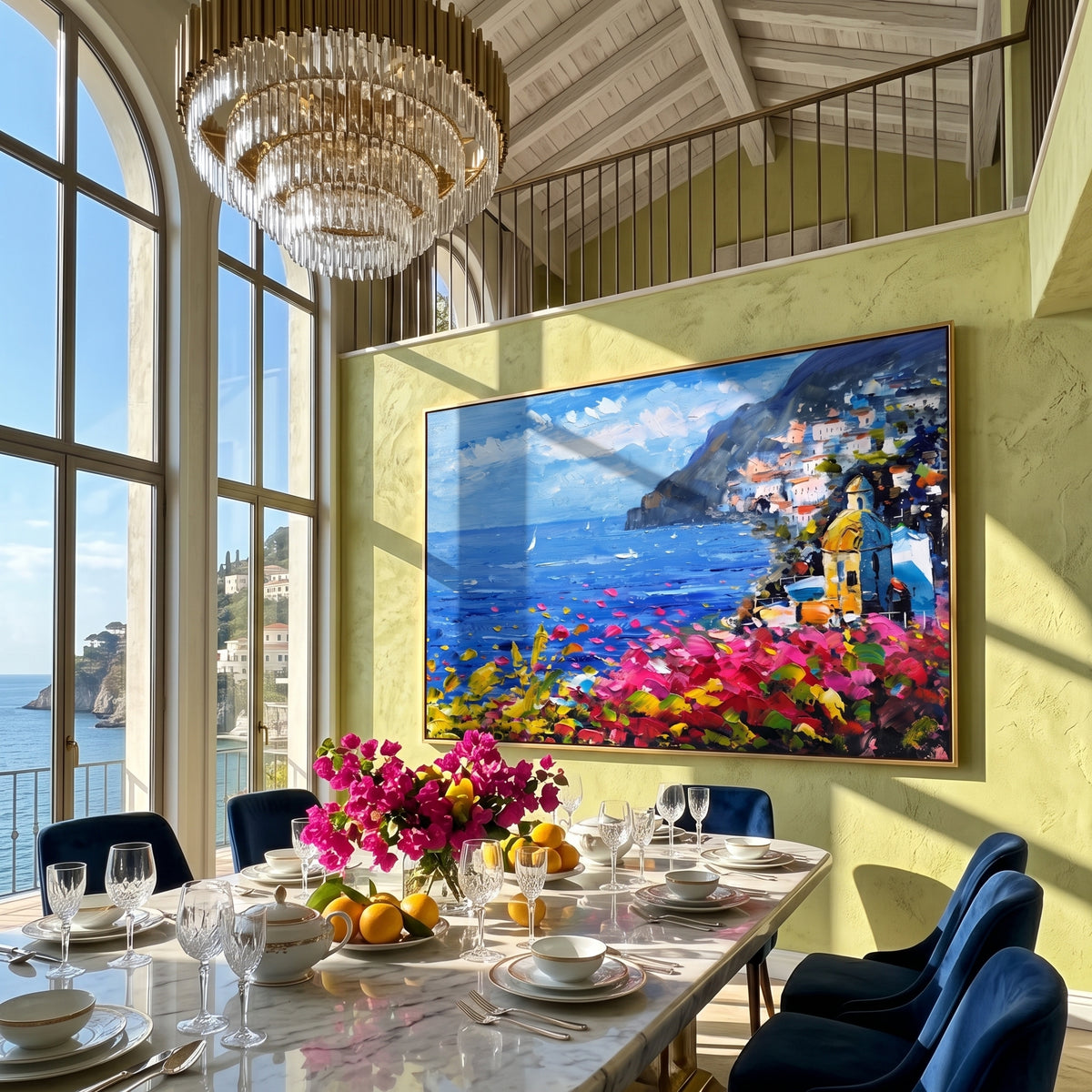 Coastal landscape canvas hung in a bright living room with sailboat view