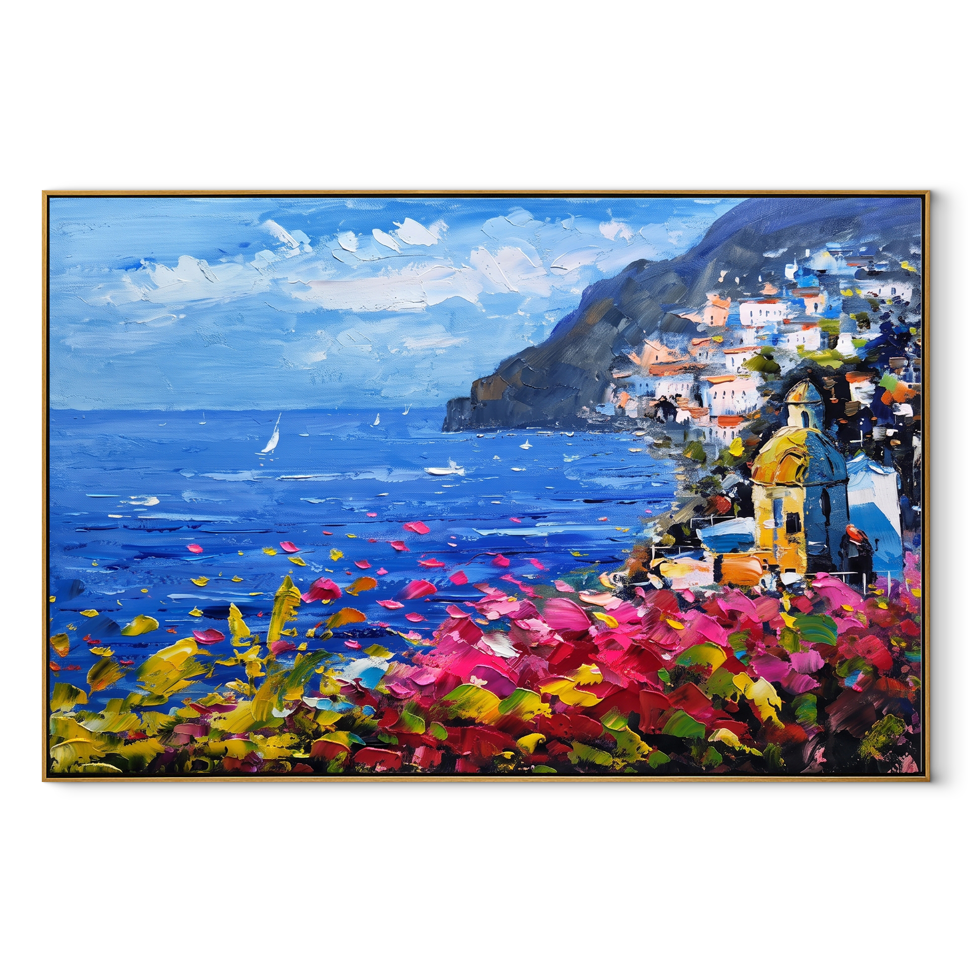 Bougainvillea Cliffside Bay painting in a wood frame on a white background