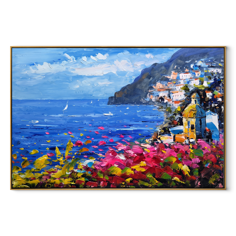 Bougainvillea Cliffside Bay – Pink & Blue Coastal Village Painting | Coastal Living Room Wall Art