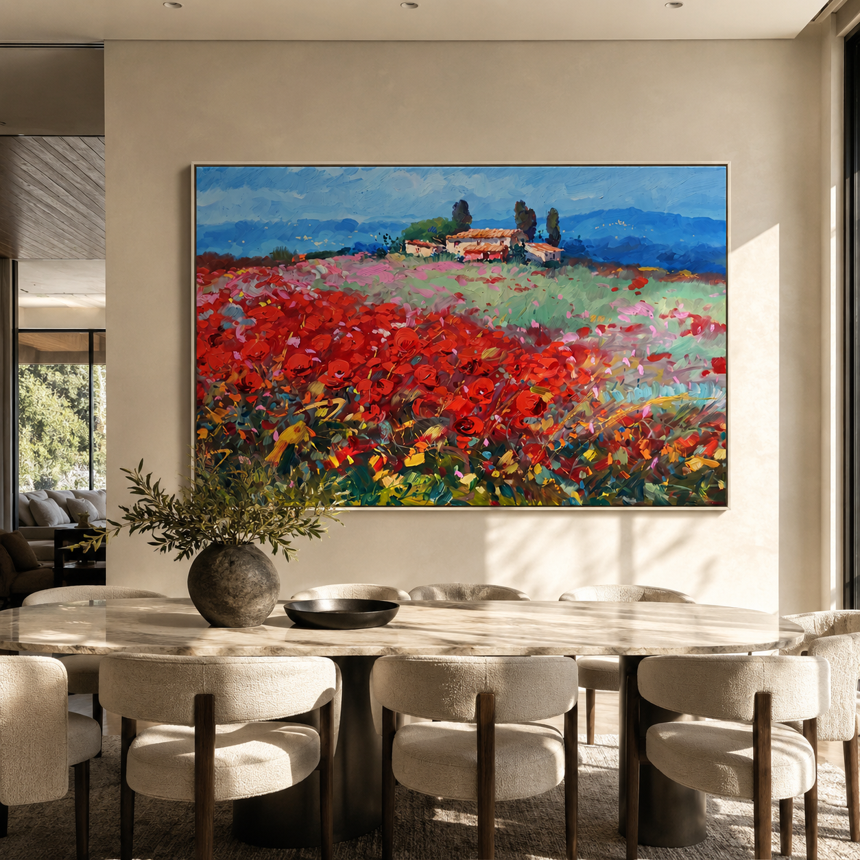 Crimson Hillside Farmhouse – red poppy field landscape painting, horizontal hand-painted canvas art