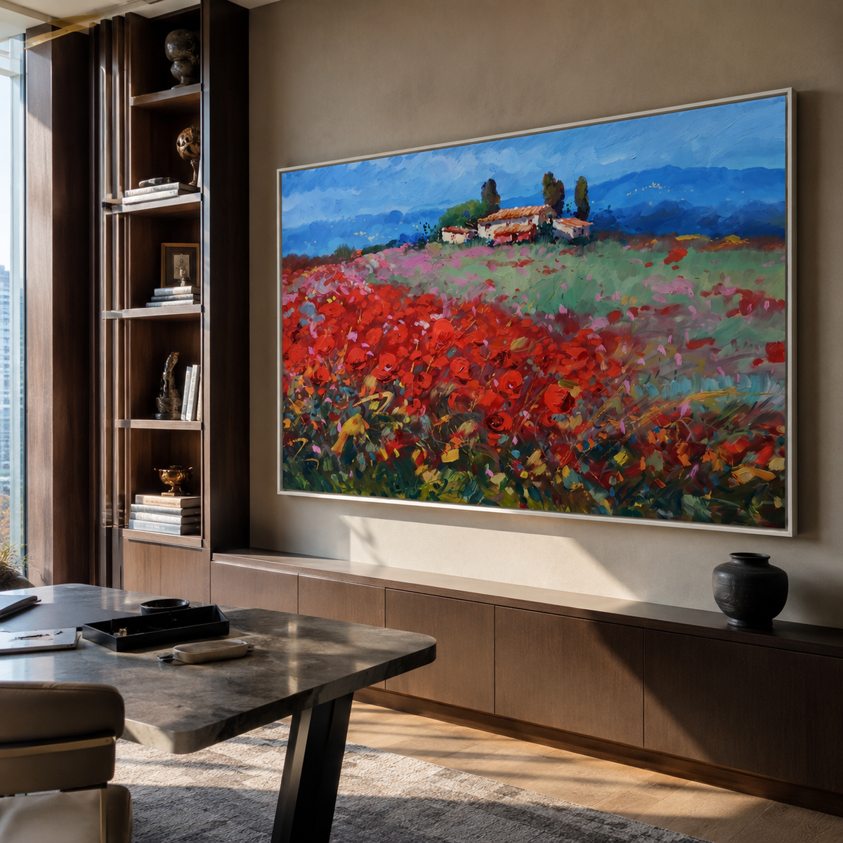 Farmhouse landscape canvas displayed in a wood-paneled home office with bookshelves