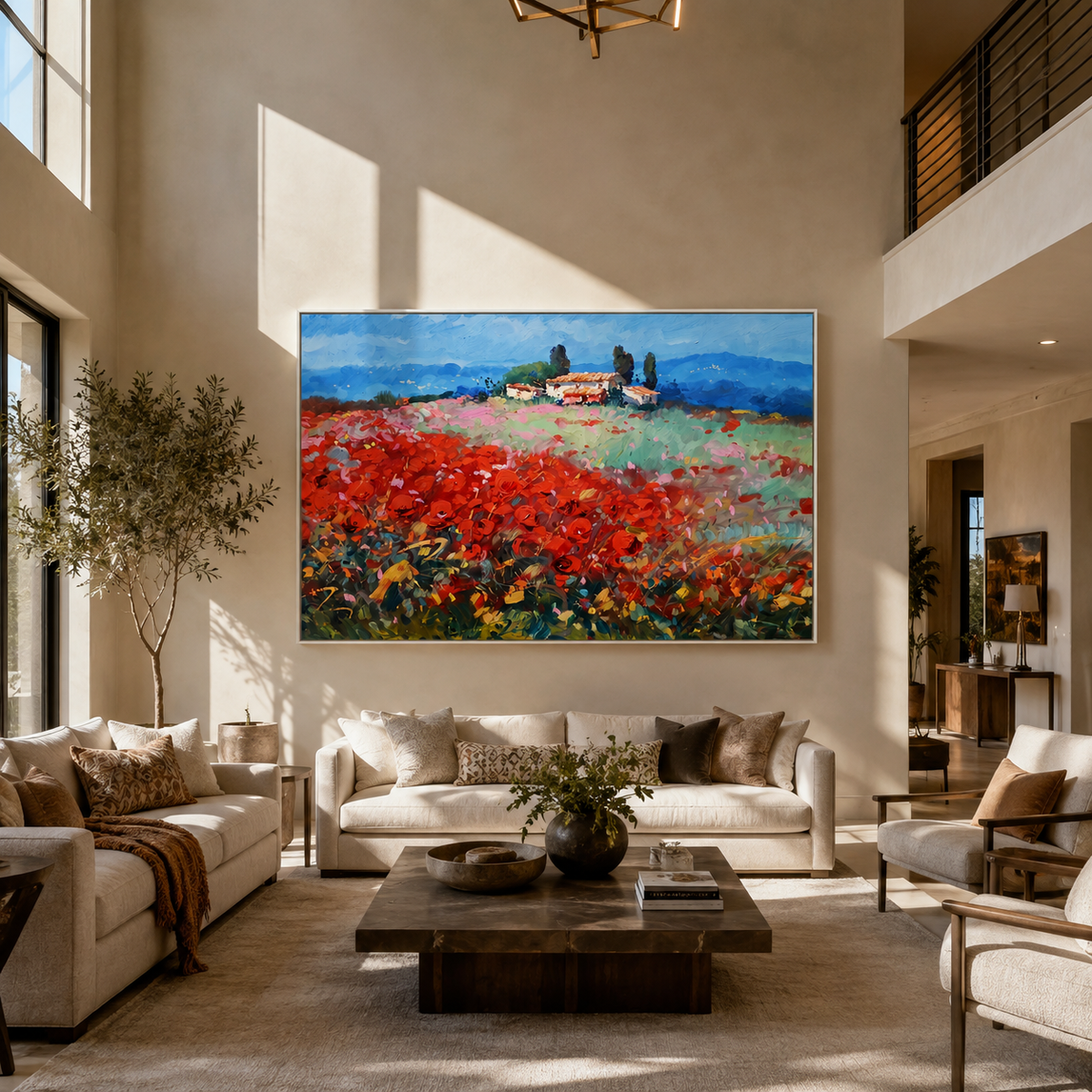 Red and green landscape painting hung above a living room sofa with olive tree
