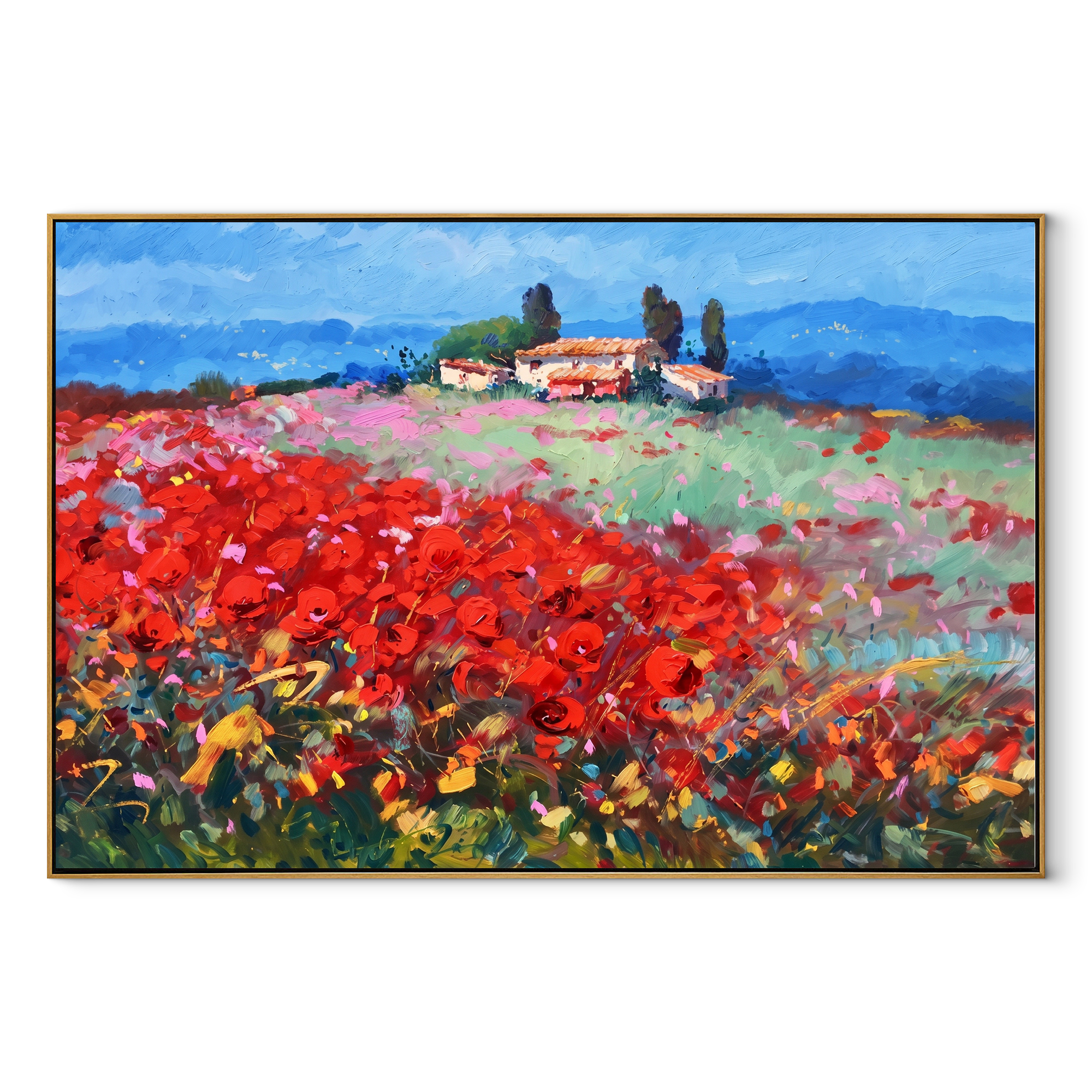Crimson Hillside Farmhouse painting in a wood frame on a white background