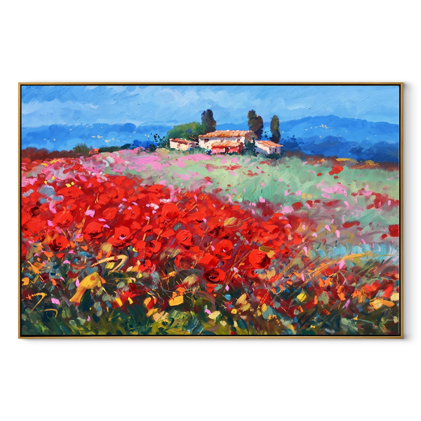 Crimson Hillside Farmhouse – Poppy Field Landscape Painting | Provencal Horizontal Wall Art