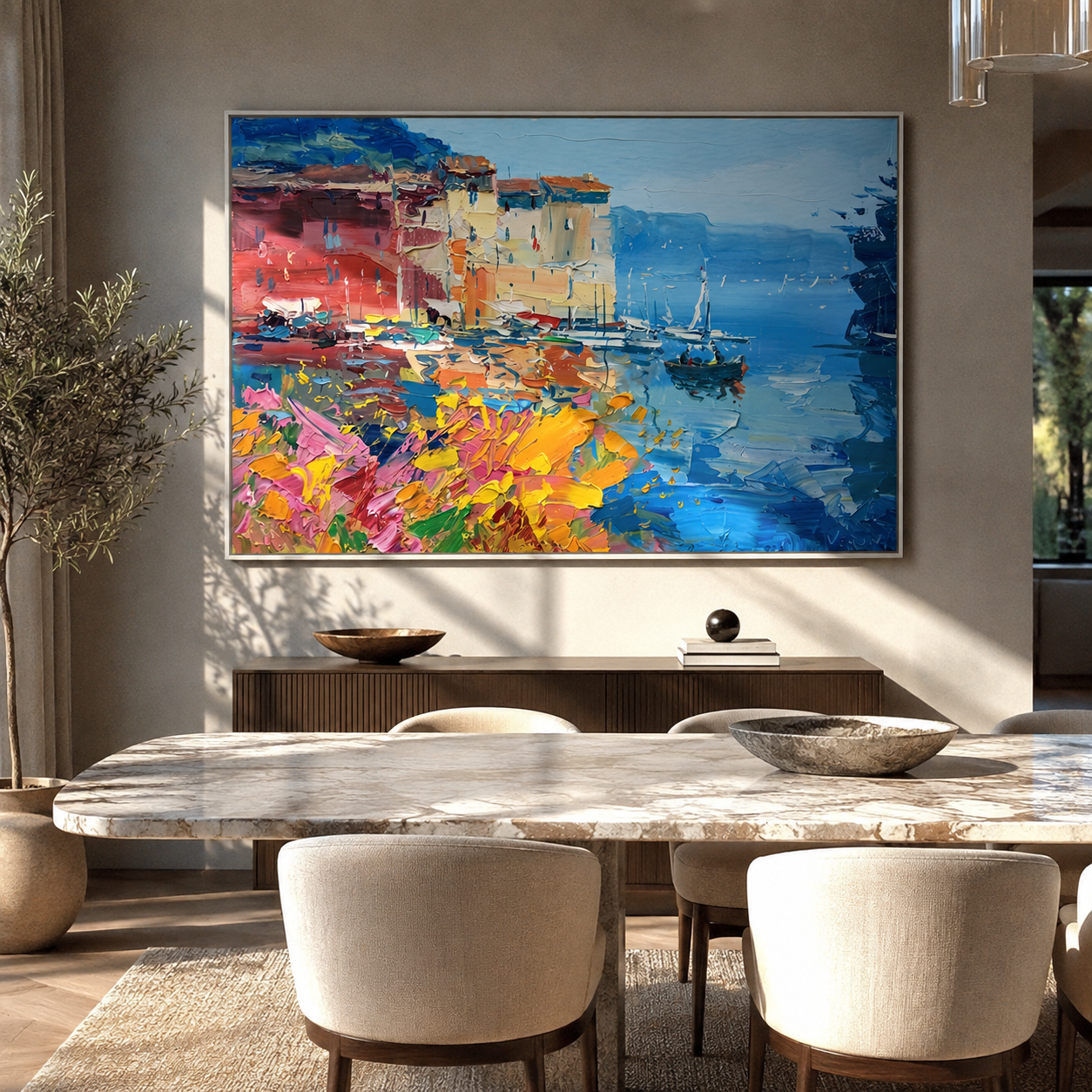 Riviera Harbor Bloom – colorful coastal village painting, horizontal hand-painted canvas art