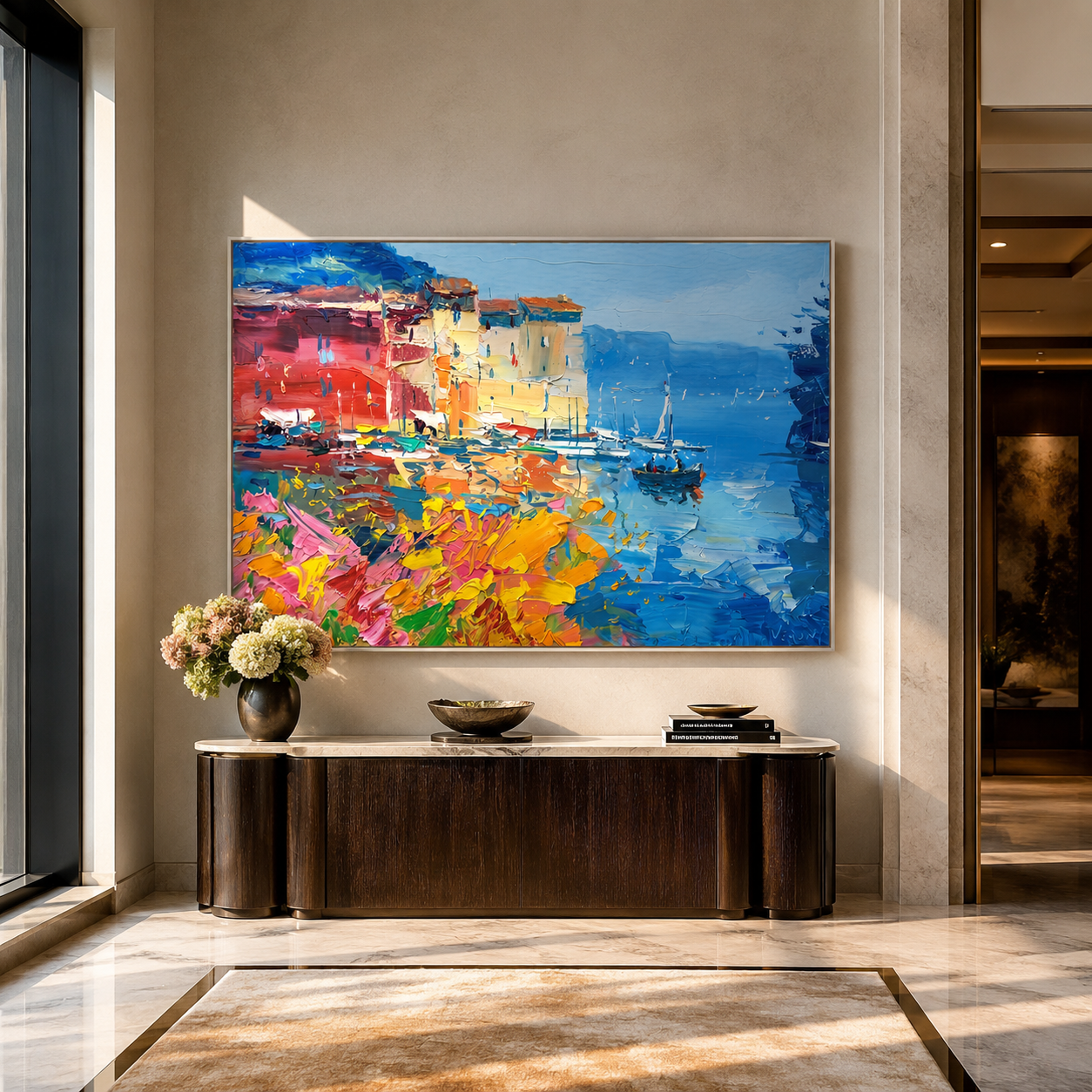 Colorful harbor painting displayed above a console table in an entryway