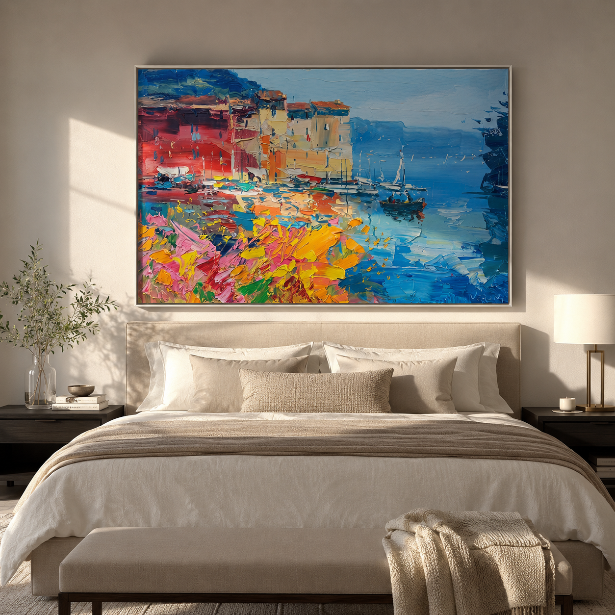 Coastal village canvas hung above a bedroom headboard with cream linens