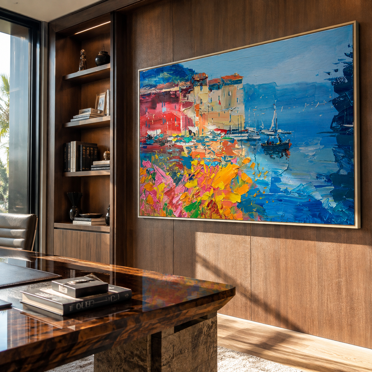 Textured harbor painting displayed in a wood-paneled home office