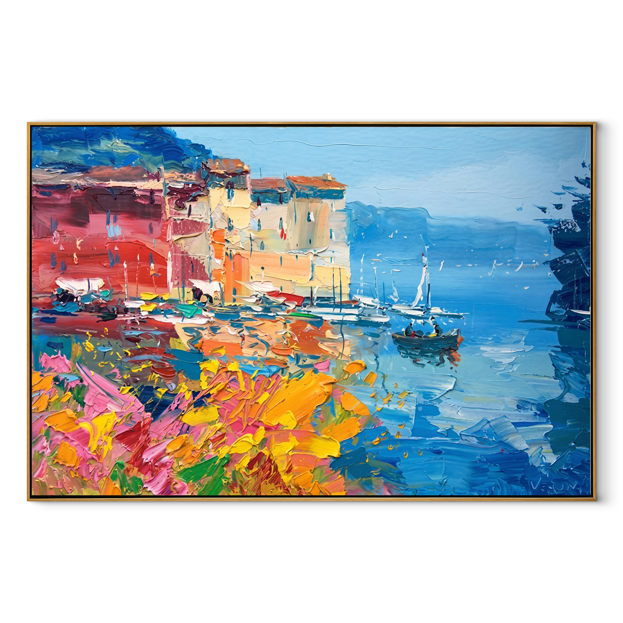 Riviera Harbor Bloom painting in a wood frame on a white background