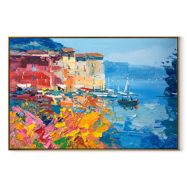 Riviera Harbor Bloom – Colorful Coastal Village Painting | Vibrant Horizontal Wall Art