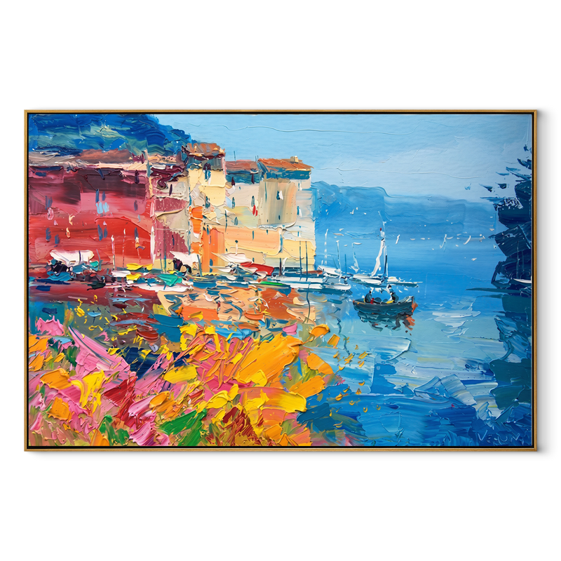 Riviera Harbor Bloom – Colorful Coastal Village Painting | Vibrant Horizontal Wall Art