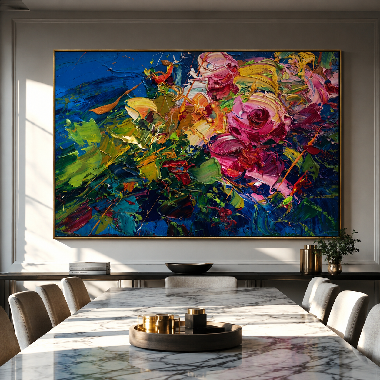 Bold rose bouquet canvas displayed above a dining room sideboard