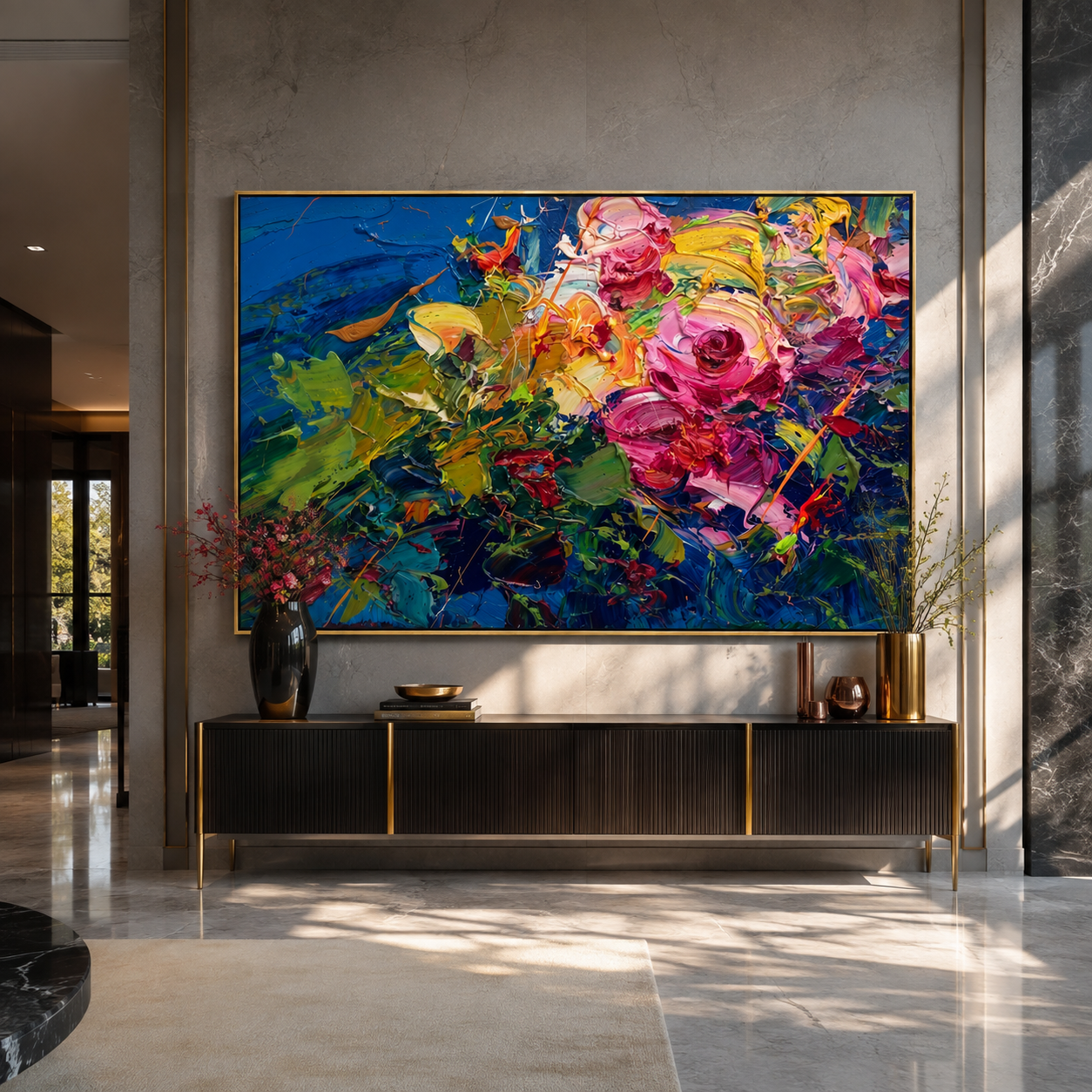 Pink and blue floral canvas displayed above a console table in an entryway