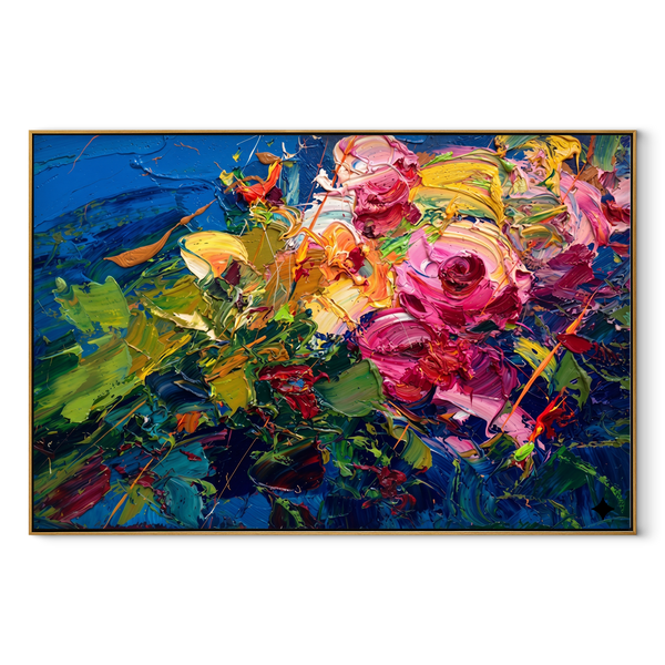Midnight Rose Bouquet – Vivid Pink & Blue Floral Painting | Bold Horizontal Wall Art