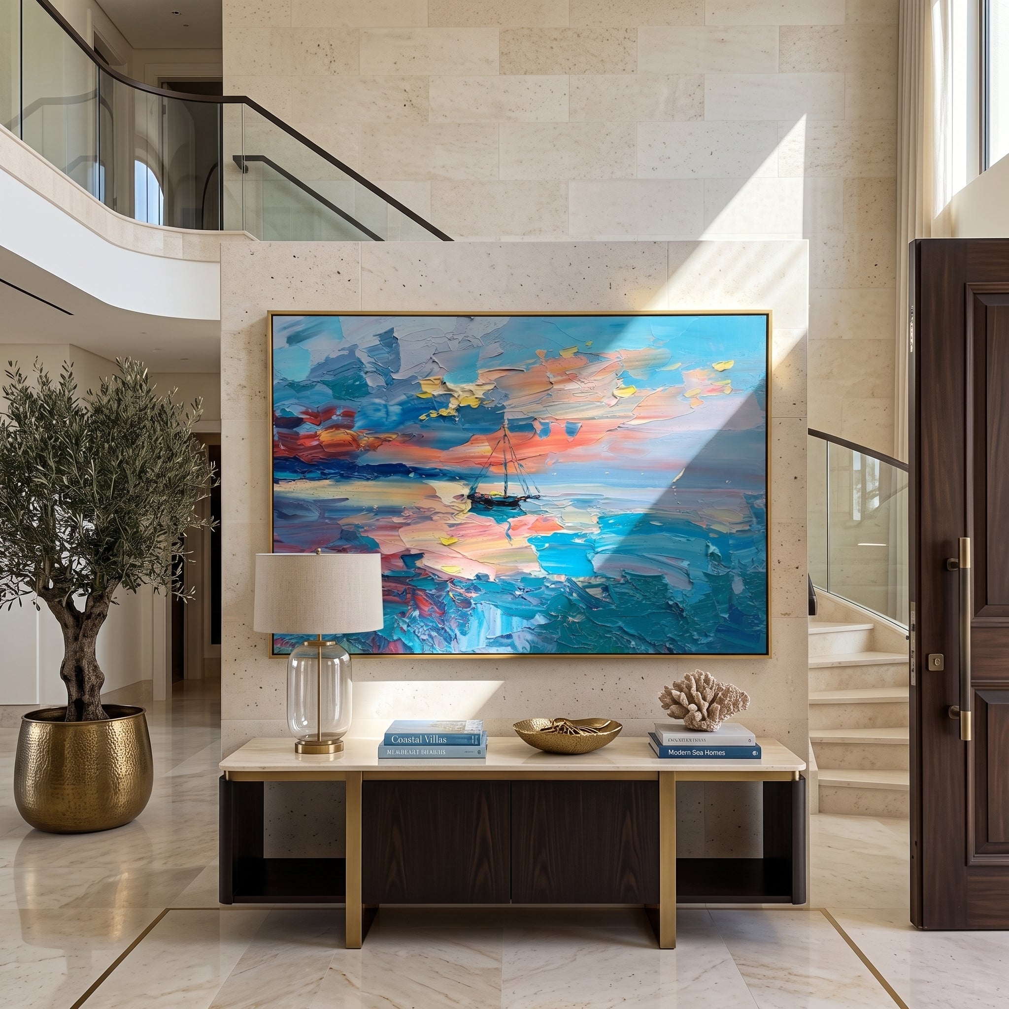 Lone Sailboat at Dusk – coral and teal sunset seascape painting, horizontal hand-painted canvas art