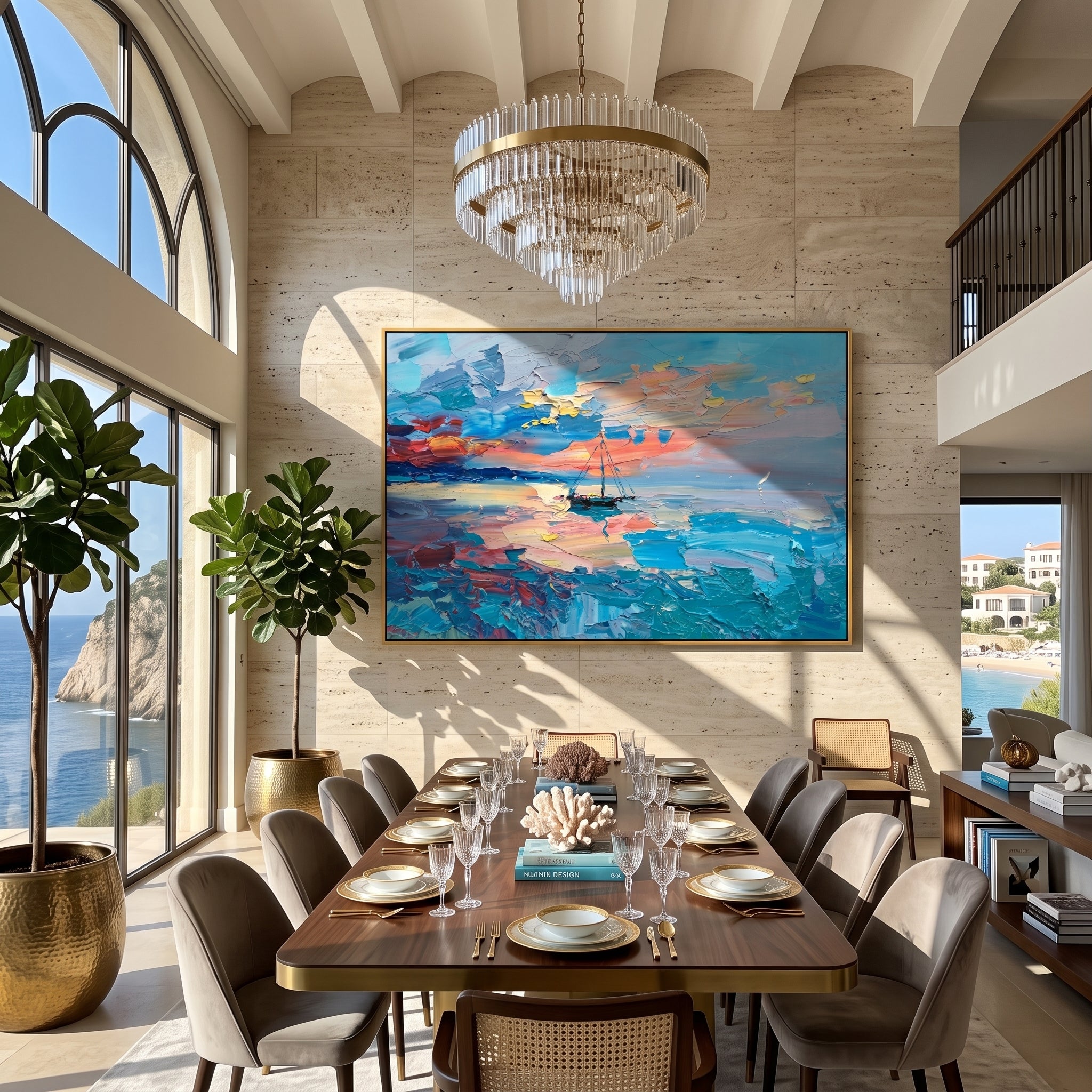 Coral sunset seascape canvas displayed above a dining table with ocean view