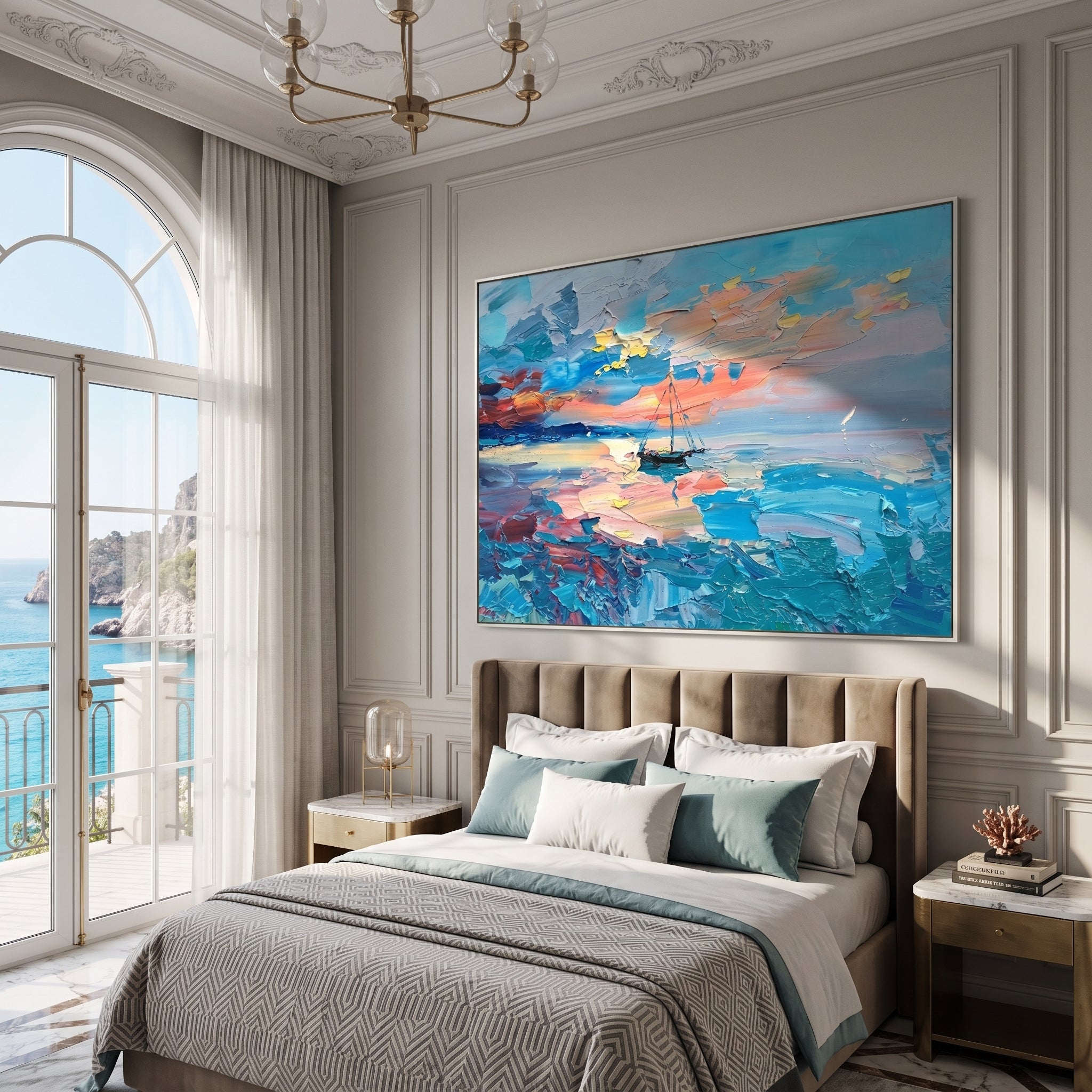 Sailboat painting hung above a bedroom headboard with coastal balcony view