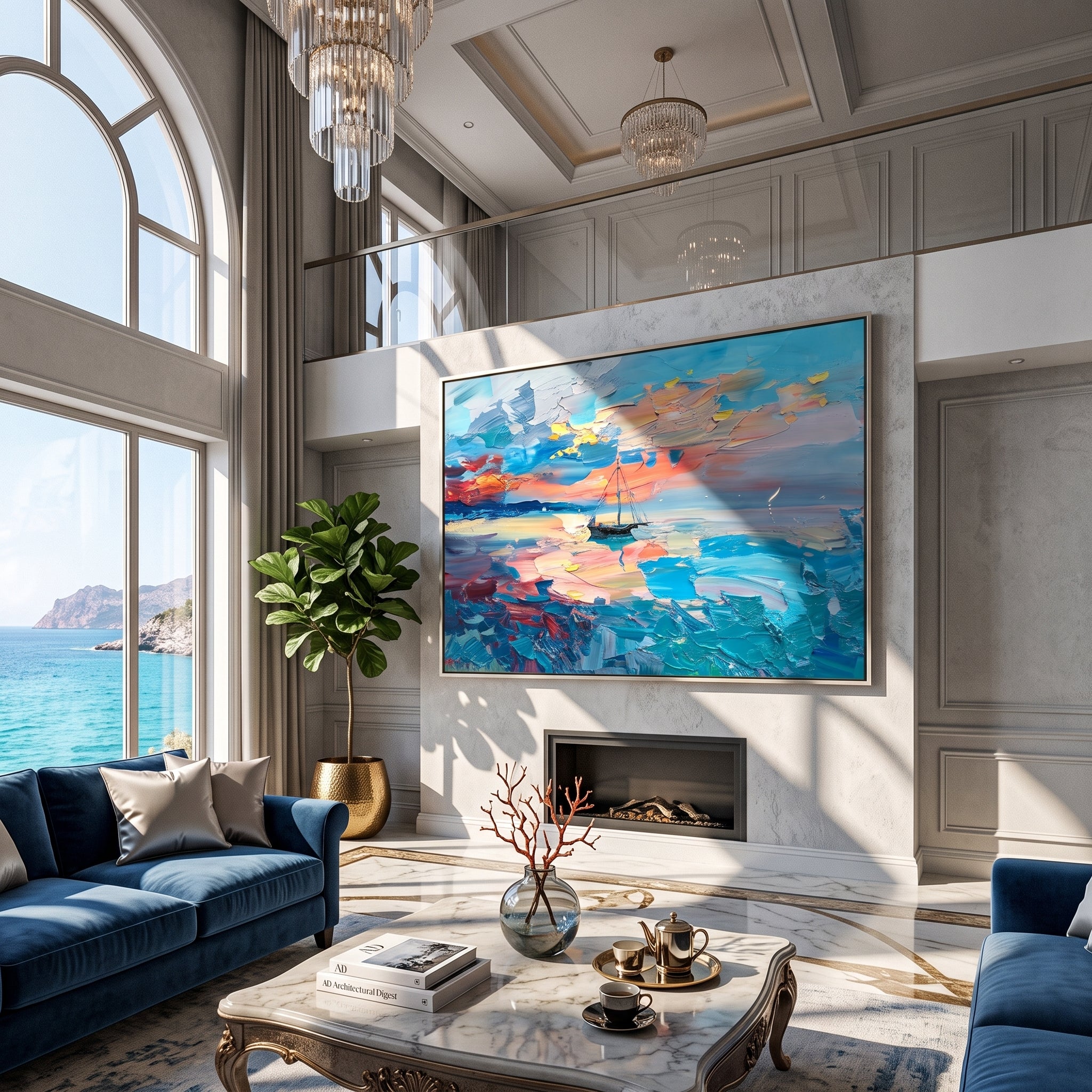 Textured seascape painting displayed above a living room fireplace