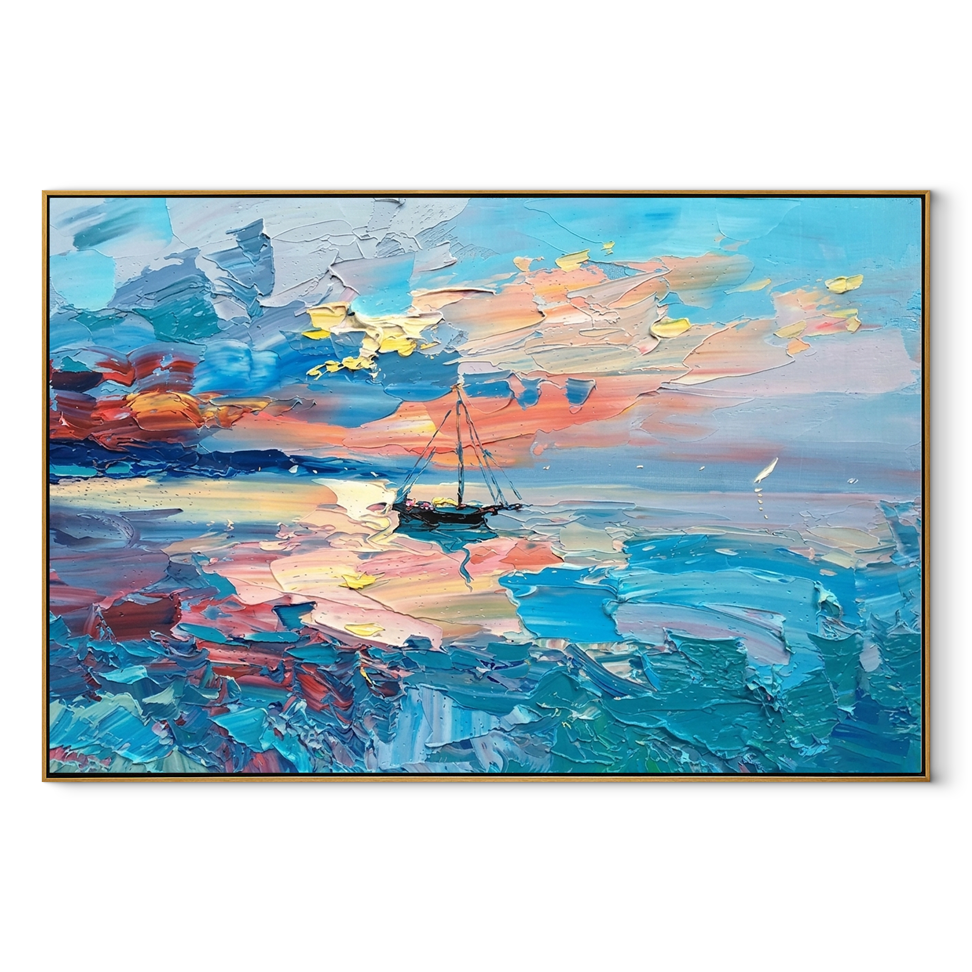 Lone Sailboat at Dusk painting in a wood frame on a white background