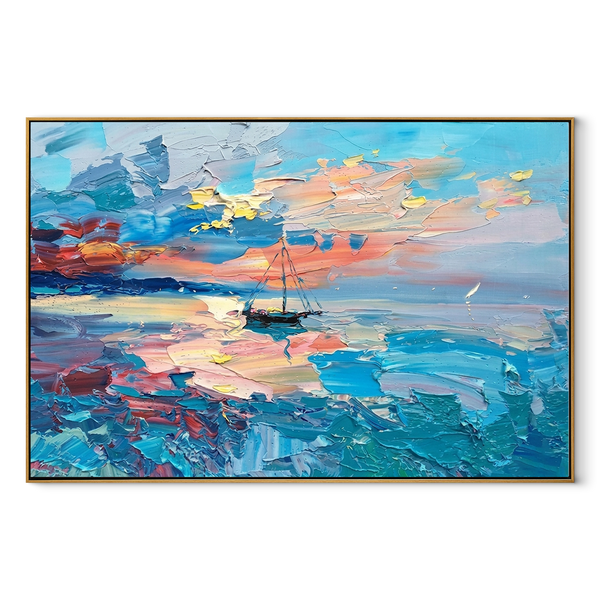 Lone Sailboat at Dusk – Coral & Teal Sunset Seascape Painting | Coastal Horizontal Wall Art
