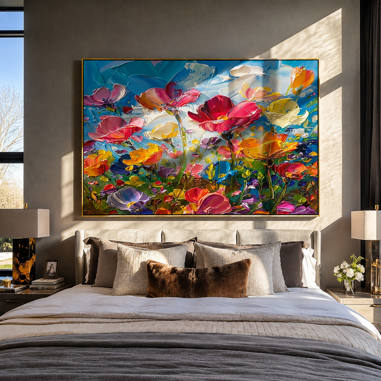 Colorful wildflower canvas displayed above a bedroom headboard