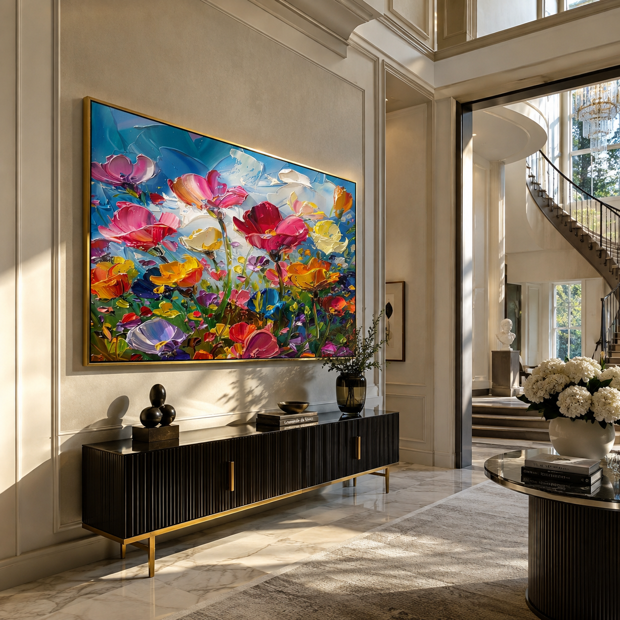 Textured wildflower canvas displayed above a console table in an entryway