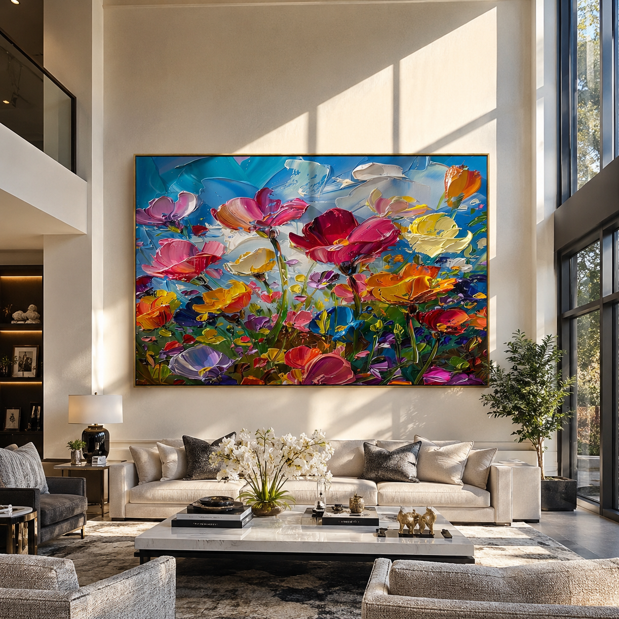 Multicolor meadow painting hung above a living room sofa