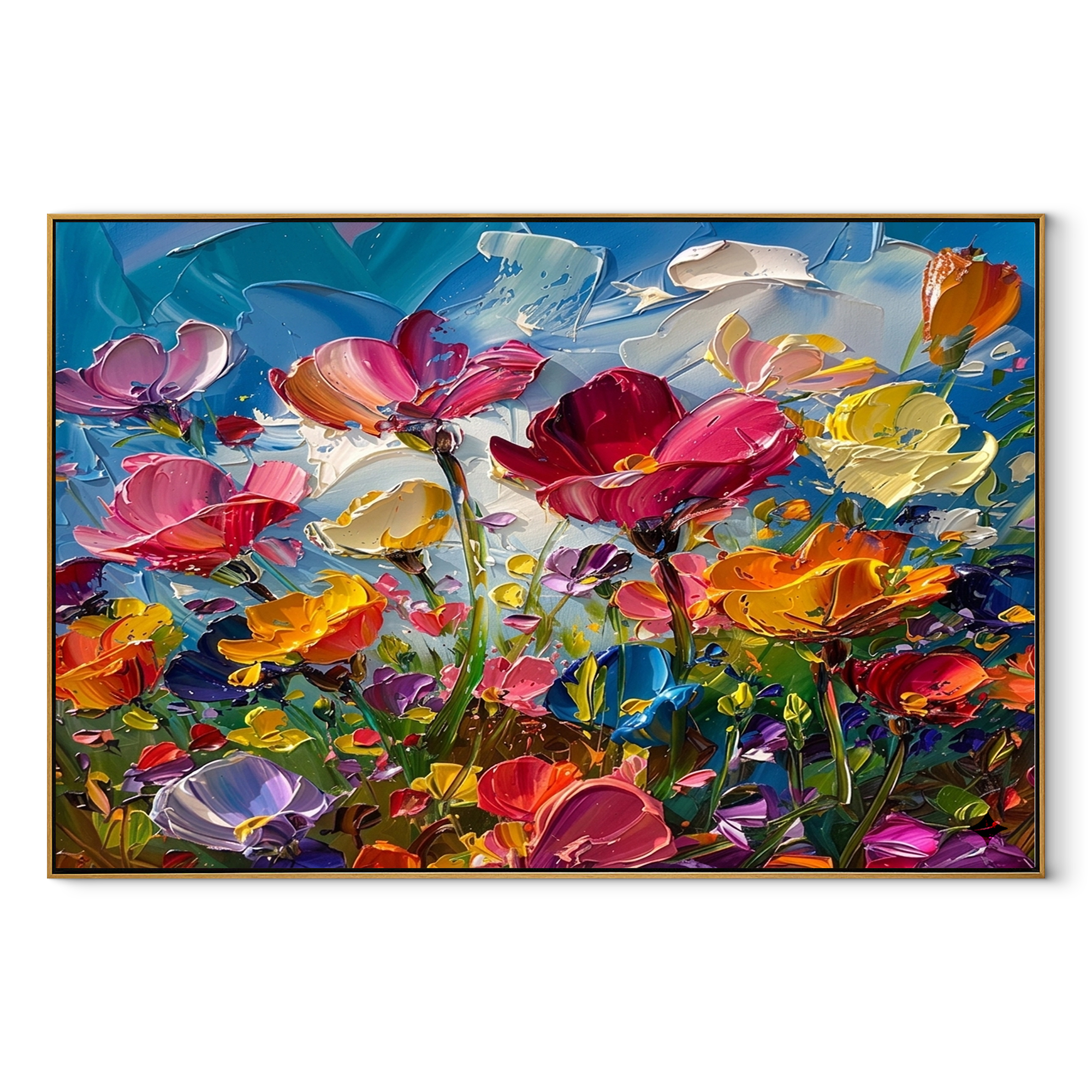 Rainbow Meadow Bloom painting in a wood frame on a white background