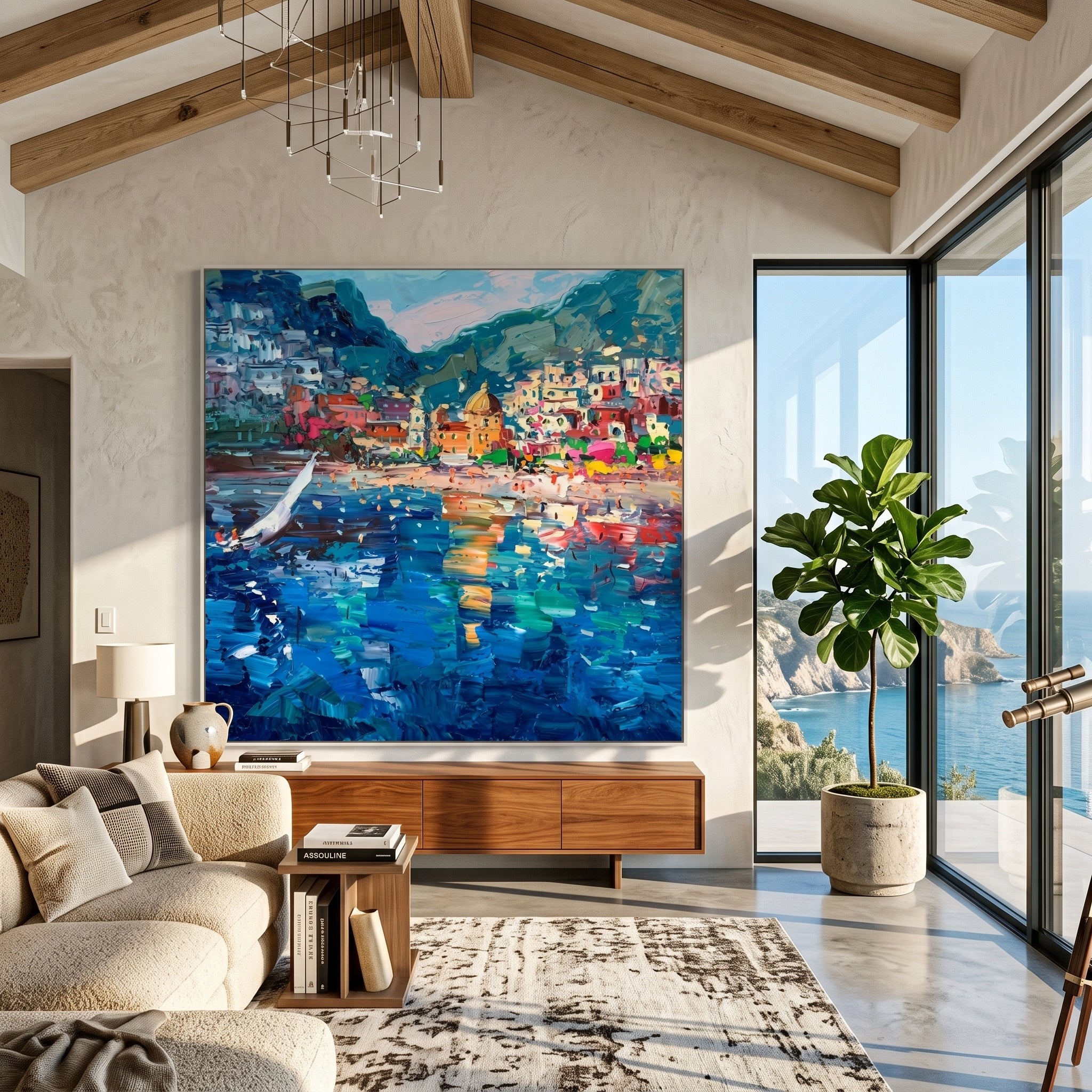 Golden Poppy Shoreline – orange and blue poppy meadow painting, square hand-painted canvas art