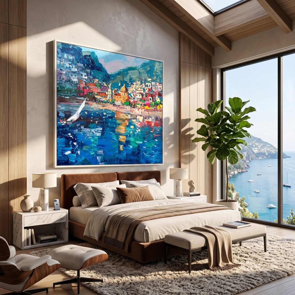 Orange poppy meadow painting displayed above a bedroom headboard