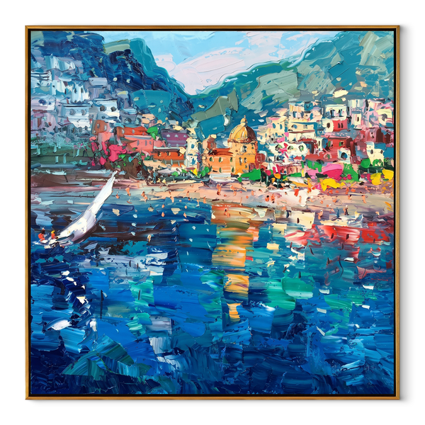 Golden Poppy Shoreline – Orange & Blue Coastal Wildflower Painting | Coastal Bedroom Wall Art