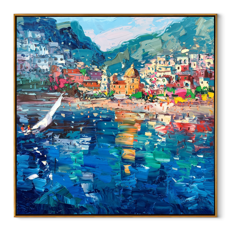 Golden Poppy Shoreline – Orange & Blue Coastal Wildflower Painting | Coastal Bedroom Wall Art