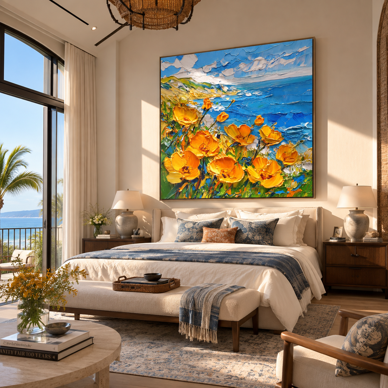 Wildflower Turquoise Cove – orange and turquoise coastal wildflower painting, square hand-painted canvas art