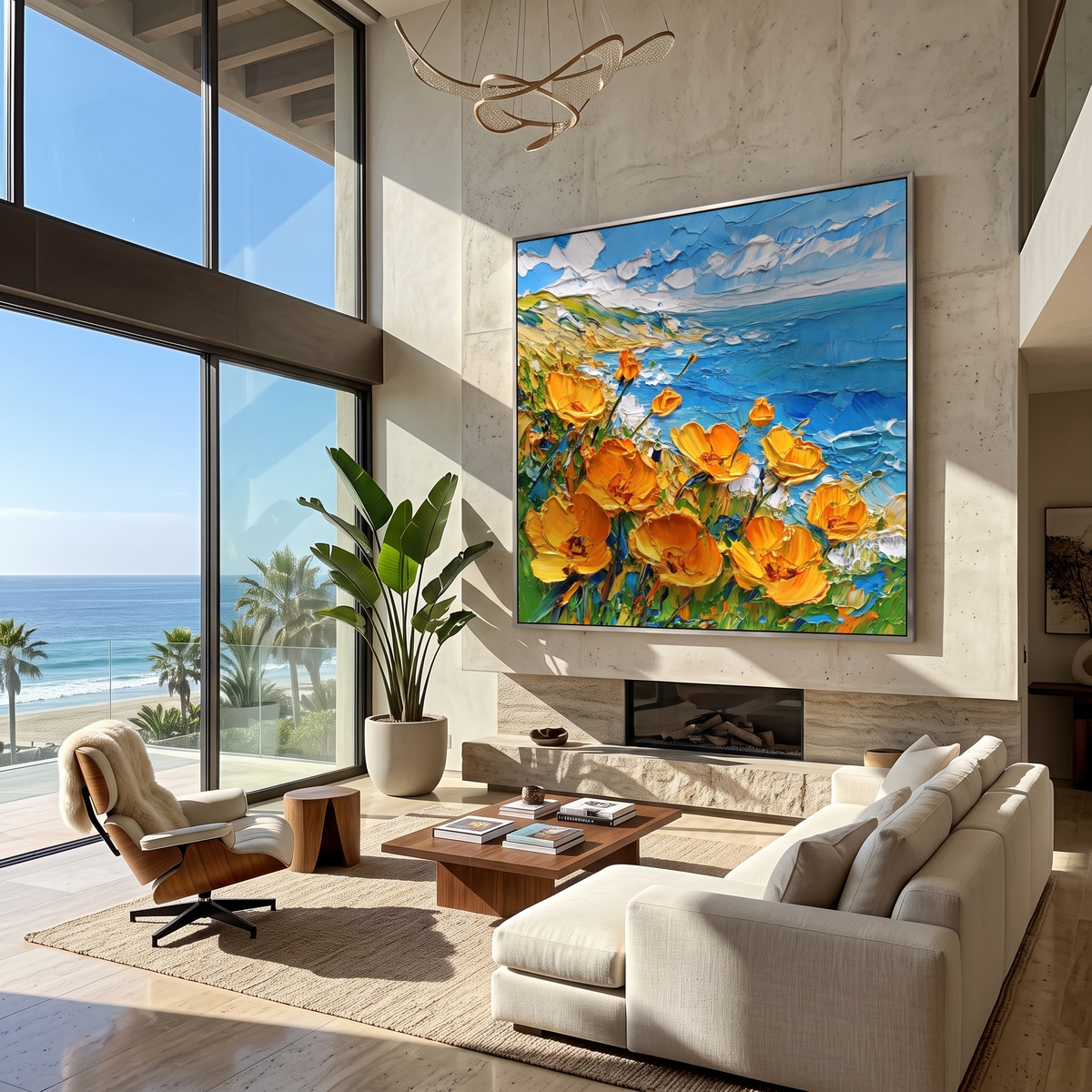 Textured wildflower cove artwork hung above a console table in an entryway