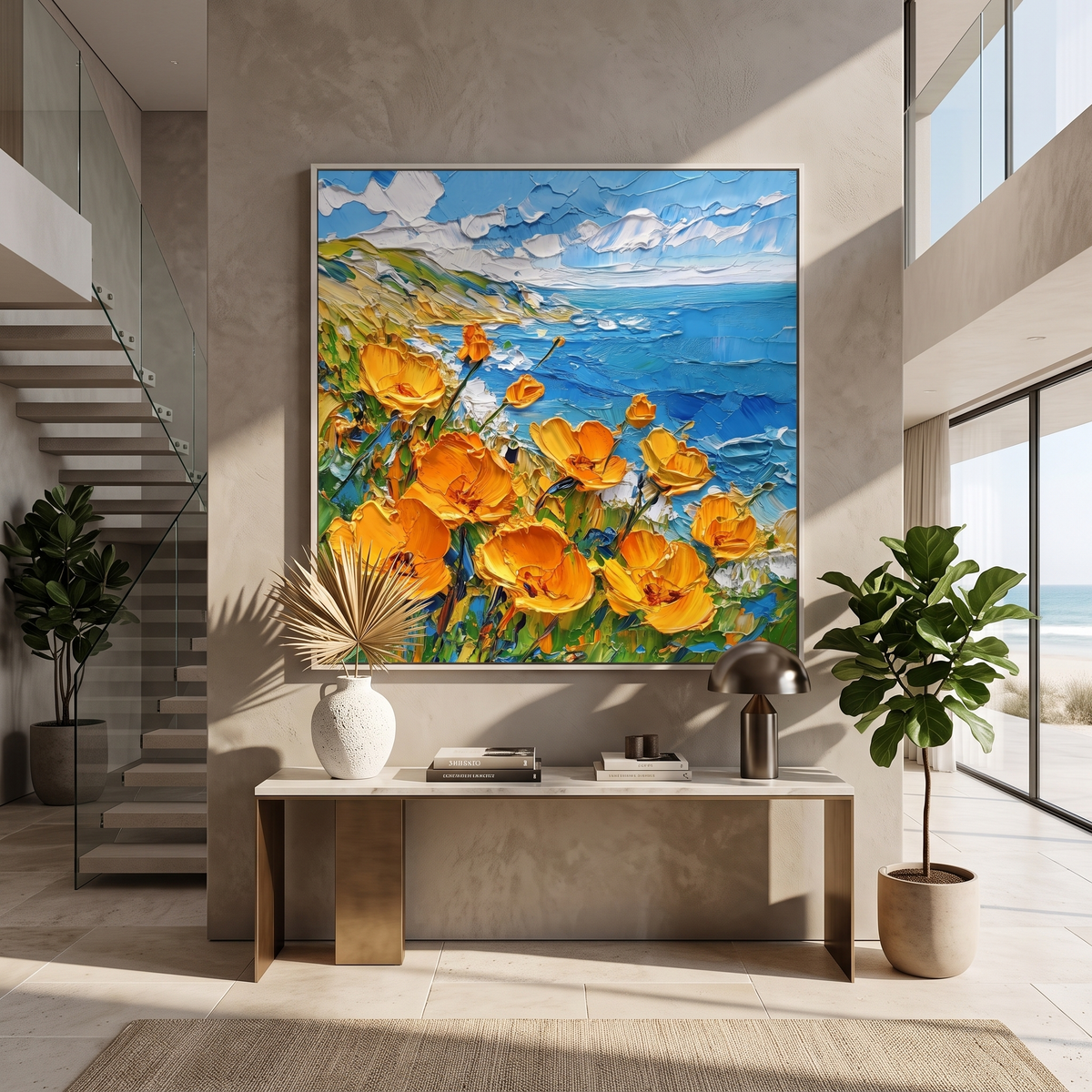 Turquoise cove painting above a living room sofa with woven cushions