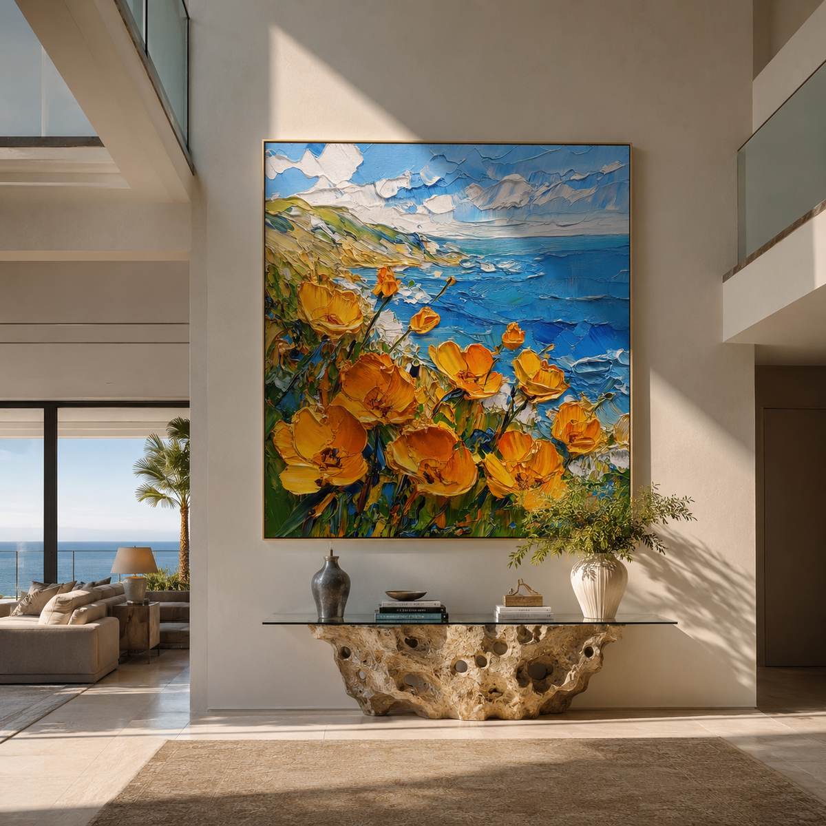 Wildflower coastal canvas hung in a bright sunroom