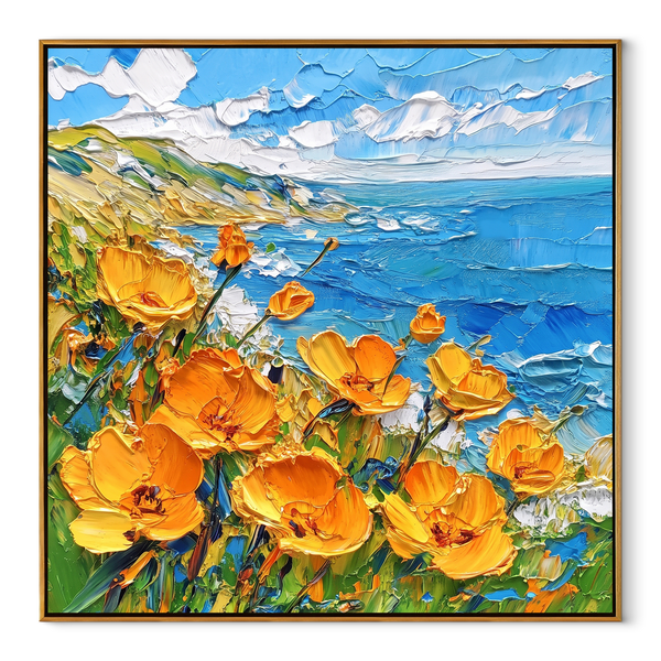 Wildflower Turquoise Cove – Orange & Turquoise Coastal Painting | Coastal Living Room Wall Art