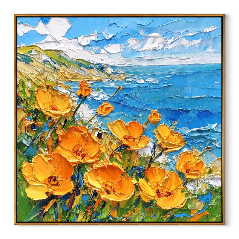 Wildflower Turquoise Cove – Orange & Turquoise Coastal Painting | Coastal Living Room Wall Art