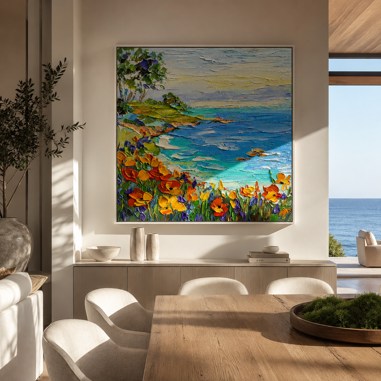 Positano Afternoon Light – blue and terracotta cliffside village painting, square hand-painted canvas art